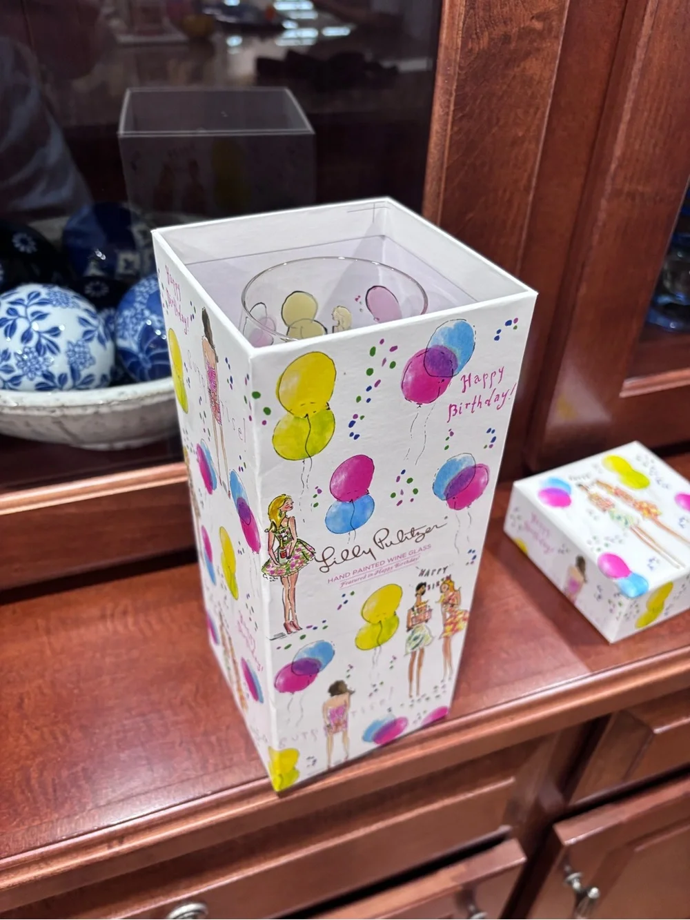 Lilly Pulitzer Pink, Yellow & Blue Hand-Painted Birthday Wine Glass